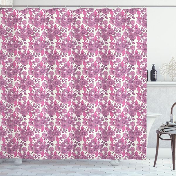 Abakuhaus Tenda Da Doccia Con Fiori, Composizione Romantica Di Crisantemi Illustrazione Disegnata A Mano, 175 X 200 Cm, Rosa Pallido Fucsia E Bianco-image
