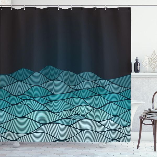 Abakuhaus Tenda Da Doccia Ondulata, Motivo Mare Ocean Fluid Dynamics Acque Doodle Blu Ombre, 175 X 180 Cm, Blu Petrolio Scuro Blu Mare-image