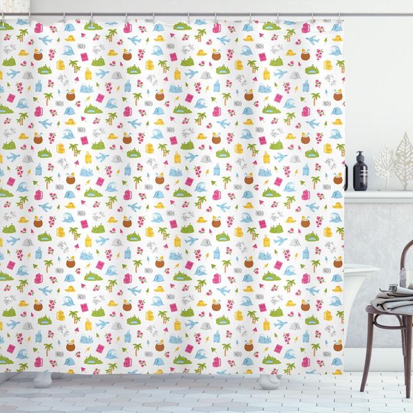 Abakuhaus Tenda Da Doccia Estiva, Tema Viaggio Con Tenda Da Campeggio, Montagne, Onde Dell'oceano, Cocktail Al Cocco, Aeroplani, Doodle, 175 X 220 Cm, Multicolore-image
