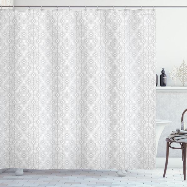Abakuhaus Tenda Da Doccia Astratta, Illustrazione Di Plain Delicati Motivi Ogee In Tenui Tonalità Di Grigio Stampa Alla Moda, 175 X 180 Cm, Grigio Chiaro E Bianco-image