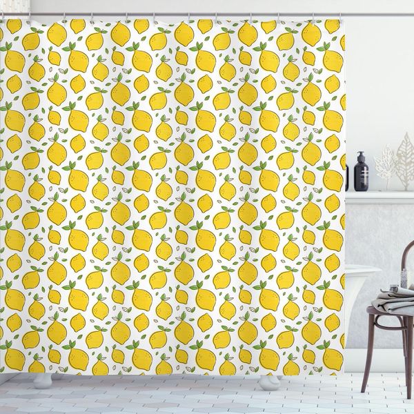 Abakuhaus Tenda Da Doccia Con Motivo Limoni, Foglie Di Agrumi Continue, Motivo Cartoon Rinfrescante, 175 X 180 Cm, Verde Lime E Giallo Terra-image