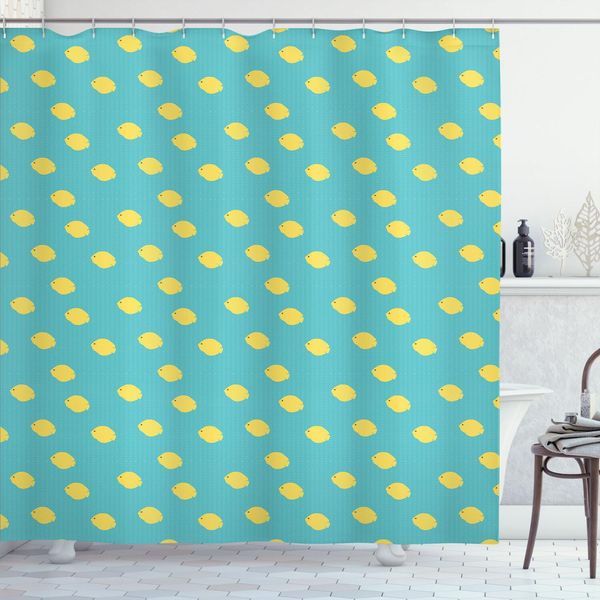 Abakuhaus Tenda Da Doccia Blu Turchese, Motivo Ripetuto Con Bellissimi Pesci Tropicali Su Onde Sottili, 175 X 200 Cm, Senape Turchese-image