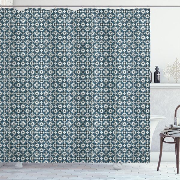 Abakuhaus Tenda Da Doccia Con Motivi Astratti, Ispirazione Damascata Classica Vittoriana Orientale Con Cerchi Sovrapposti, 175 X 180 Cm, Blu Petrolio E Bianco Sporco-image