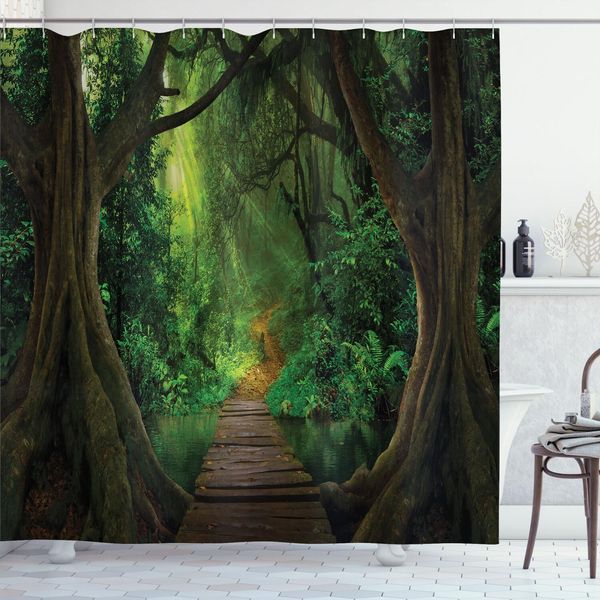 Abakuhaus Tenda Da Doccia Con Motivo Alberi, Illustrazione Di Un Sentiero In Una Foresta Pluviale Mistica, 175 X 180 Cm, Giallo Verde-image