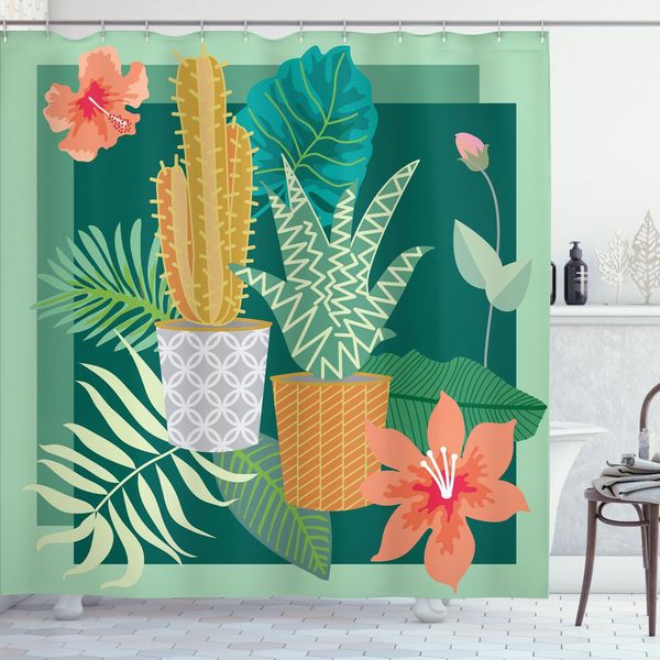 Abakuhaus Tenda Da Doccia Succosa, Fiori Di Ibisco In Vasi Di Cactus Con Piante, Foglie Di Aloe, Fiori, Arte DéCo Urbana, 175 X 180 Cm, Multicolore-image