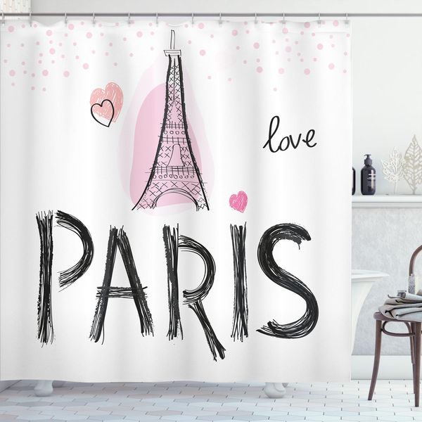 Abakuhaus Tenda Da Doccia Torre Eiffel, Tipografia E Edifici Di Parigi Disegnati A Mano, 175 X 240 Cm, Rosa Confetto E Grigio Scuro-image