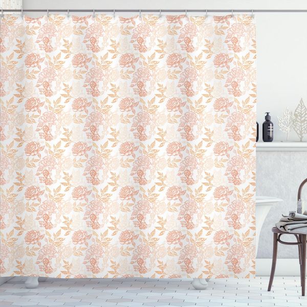 Abakuhaus Tenda Da Doccia Vintage Rose, Illustrazione Floreale Con Boccioli Di Rosa E Petali, 175 X 180 Cm, Pesca Chiaro Pesca Bianco-image