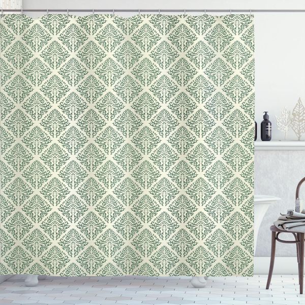 Abakuhaus Tenda Da Doccia Abstract Green, Motivo Vintage Continuo Damascato Vittoriano A Volute, 175 X 180 Cm, Verde Giada Verde Pastello-image