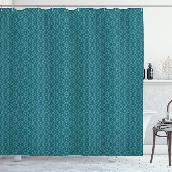 Abakuhaus Tenda Da Doccia Astratta, Motivo Modernistico Con Linee Ondulate E Punti, 175 X 180 Cm, Blu Petrolio-image