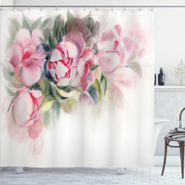 Abakuhaus Tenda Da Doccia Con Motivi Floreali, Illustrazione Romantica Disegnata A Mano Con Tecnica Acquerello, 175 X 180 Cm, Rosa Confetto E Tortora-image