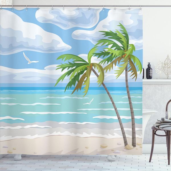 Abakuhaus Tenda Da Doccia Con Motivo Grafico Spiaggia, Costa Estiva Con Palme, Cielo Nuvoloso E Immagine Di Gabbiano, 175 X 180 Cm, Multicolore-image