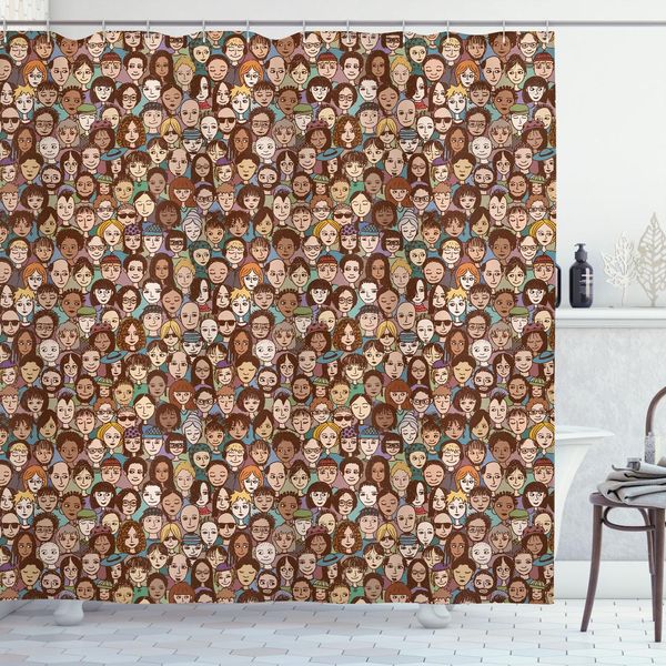 Abakuhaus Tenda Da Doccia Con Persone, Volti Umani Con Adulti, Ragazzi, Adolescenti, Diversità, Edifici, Comunità, Tema Doodle, 175 X 180 Cm, Multicolore-image