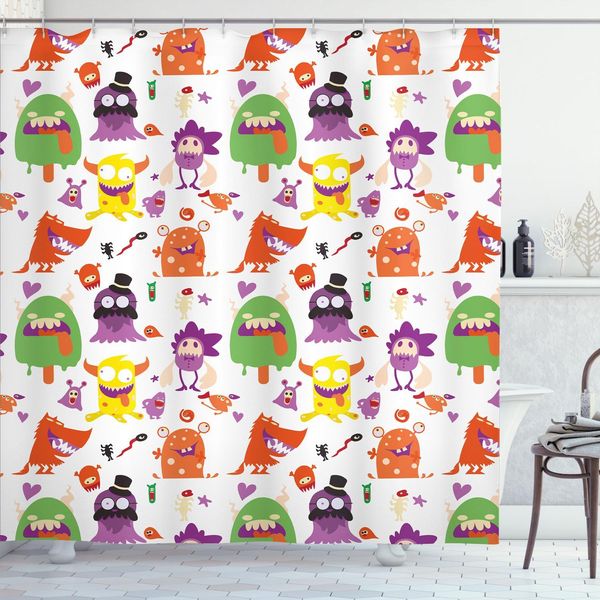 Abakuhaus Tenda Da Doccia Extraterrestre, Mostri Creature Divertenti Esseri Colorati Cartoni Animati Motivo Ripetuto, 175 X 180 Cm, Arancione Bruciato Multicolore-image