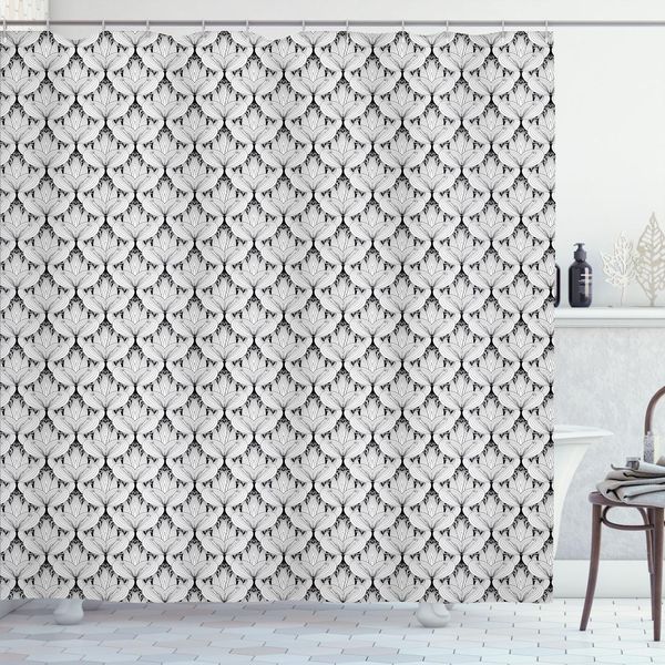 Abakuhaus Tenda Da Doccia Con Motivi Floreali, Motivi Floreali Monocromatici Con Stampa Di Ispirazione Vittoriana, 175 X 180 Cm, Grigio Antracite E Bianco-image