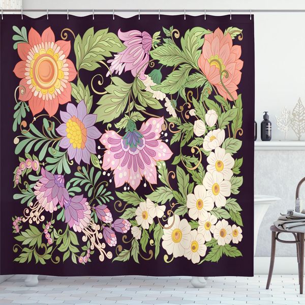 Abakuhaus Tenda Da Doccia Vintage, Fiori Che Sbocciano Su Sfondo Scuro, 175 X 220 Cm, Marrone Scuro Multicolore-image