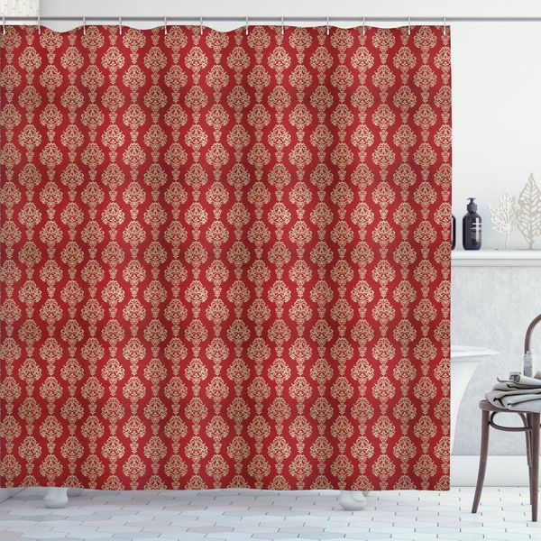 Abakuhaus Tenda Da Doccia In Damasco, Motivo Orientale A Spirale E Fiori Ripetuto Su Sfondo Dai Toni Caldi, 175 X 200 Cm, Color Cuoio E Vermiglio-image
