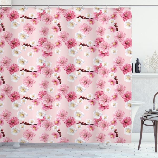 Abakuhaus Tenda Da Doccia Con Motivi Floreali, Motivo Chinese Plum Motivi Floreali Primaverili Con Boccioli Natura Nell'arte, 175 X 200 Cm, Rosa Baby Rosa Pastello-image