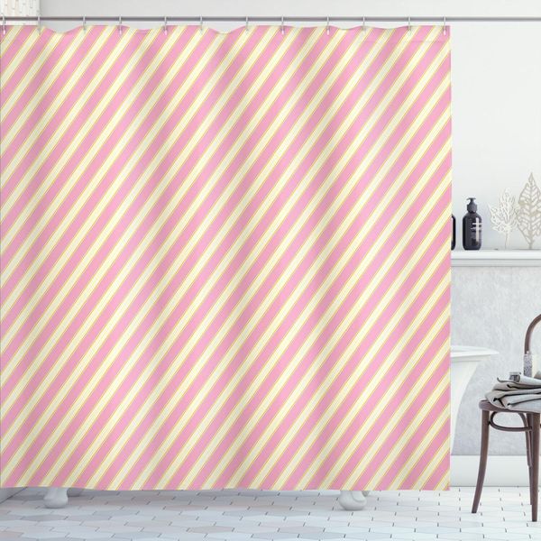Abakuhaus Tenda Da Doccia A Strisce Weinlese, Simplistic Diagonal Ordina Linee Bicolori Nei Colori Ripetizione, 175 X 240 Cm, Rosa Pallido E Crema-image