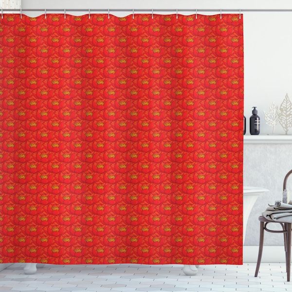 Abakuhaus Tenda Da Doccia Con Motivi Floreali, Motivi Dai Colori Caldi Lungo Un Motivo Ripetitivo Di Fiori Tropicali, 175 X 180 Cm, Rosso Cinabro Rosso Bordeaux-image