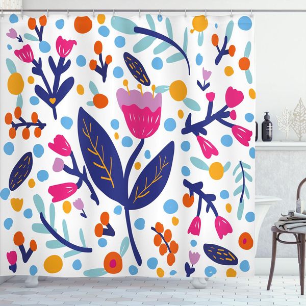 Abakuhaus Tenda Da Doccia Con Fiori, Disegnata A Mano In Stile Doodle Con Fiori E Foglie Colorate - Arte Da Giardino Colorata, 175 X 180 Cm, Multicolore-image