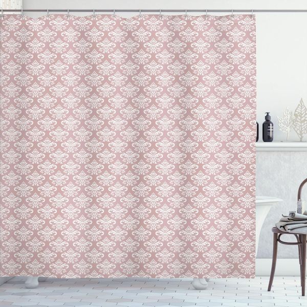 Abakuhaus Tenda Da Doccia In Damasco Rosa, Motivo Monocromatico Con Foglie E Fiori, Illustrazione Ritmica, 175 X 200 Cm, Salmone Chiaro E Bianco-image
