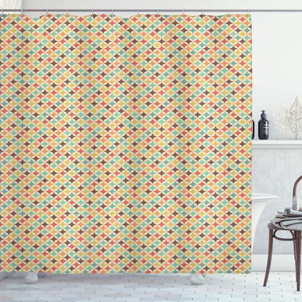 Abakuhaus Tenda Da Doccia Marrone E Turchese, Look Retrò Motivo Geometrico Con Cerchi Punteggiati, 175 X 180 Cm, Champagne E Multicolore-image