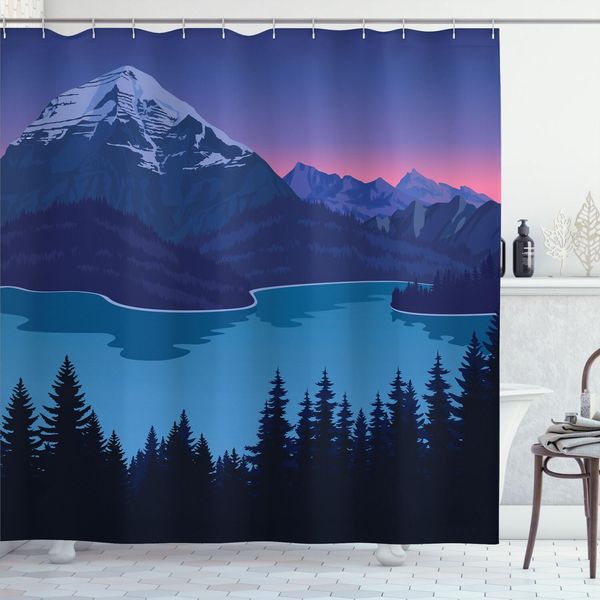 Abakuhaus Tenda Da Doccia Adventure, Illustrazione Di Un Paesaggio Montano E Di Una Foresta Di Notte, 175 X 180 Cm, Blue Night Blu E Rosa-image
