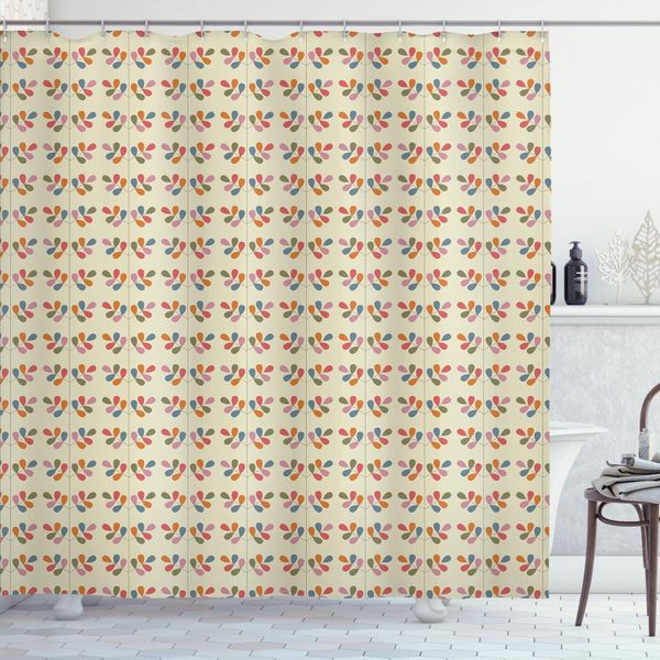 Abakuhaus Tenda Da Doccia Botanica, Motivo Foglie Colorate In Design Simmetrico, Motivi Floreali Retrò, 175 X 180 Cm, Guscio D'uovo E Multicolore-image