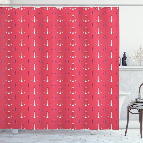 Abakuhaus Tenda Da Doccia Anker, Motivo Con Stampa Simmetrica A Tema Nautico Ocean Marine Life, 175 X 220 Cm, Corallo Scuro Indaco Bianco-image