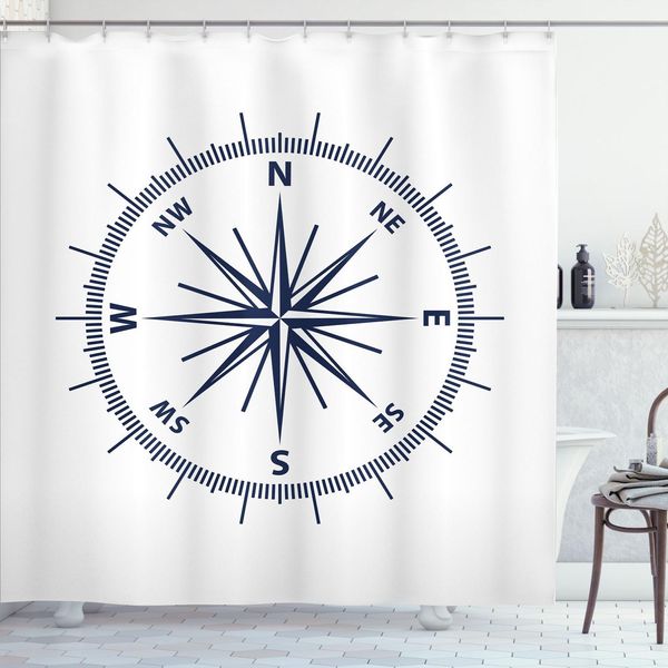 Abakuhaus Tenda Da Doccia In Stile Marittimo, Disegno Monocromatico Con Rosa Dei Venti E Bussola, Stampa Grafica Semplice, 175 X 200 Cm, Blu Navy E Bianco-image