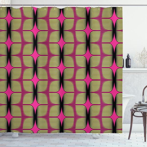 Abakuhaus Tenda Da Doccia Retrò, Motivi Retrò Disco Astratti Con Effetti Geometrici, Design A Strisce Pop, 175 X 200 Cm, Rosa Shocking Crema-image