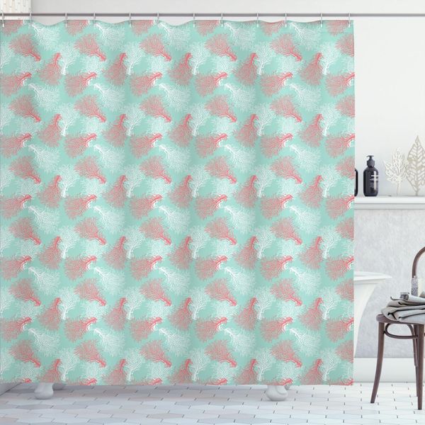 Abakuhaus Tenda Da Doccia Subacquea, Barriera Corallina Marina Deep Ocean Botanica Fogliame Marino Acquatico Eco Cartoon, 175 X 180 Cm, Corallo Scuro Verde Menta-image
