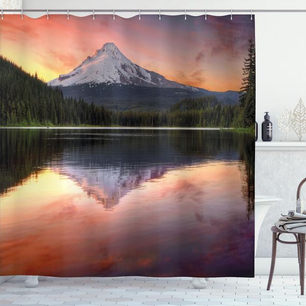 Abakuhaus Tenda Da Doccia Con Motivo Montagna, Riflessi Del Monte Hood Sul Lago Trillium In Oregon Al Tramonto, Paesaggi Naturali, 175 X 180 Cm, Multicolore-image