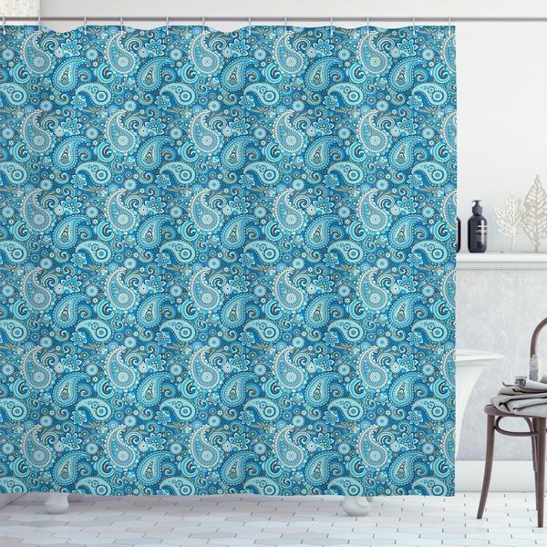 Abakuhaus Tenda Da Doccia Blu Paisley, Motivi Floreali Folk, Elementi Simili, Motivi Buta, Stampa Illustrata, 175 X 180 Cm, Blu Mare E Verde Mandorla-image