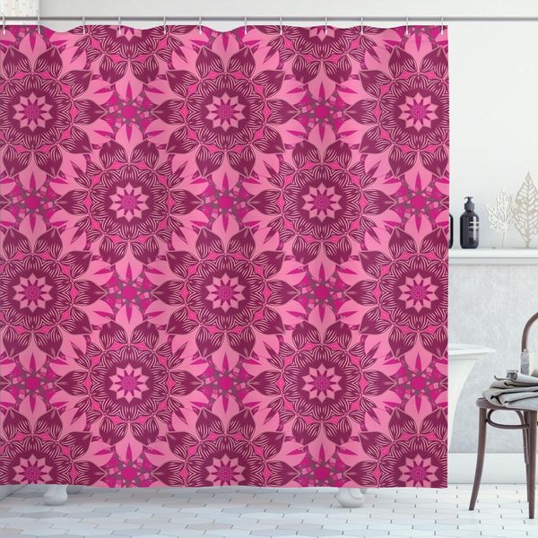 Abakuhaus Tenda Da Doccia Con Motivi Floreali, Motivi Floreali Orientali Decorativi, Effetti Folk Arabi Tradizionali Ottomani, 175 X 180 Cm, Rosa Magenta Scuro-image