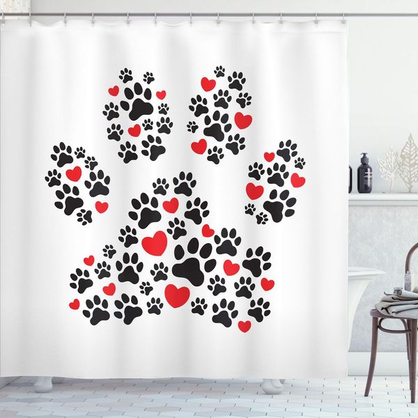 Abakuhaus Tenda Da Doccia Con Impronte Di Zampe, Big Pet Trace Creata Con Altri Piccoli Passi E Cuori, 175 X 180 Cm, Rosso Cinabro Grigio Antracite-image