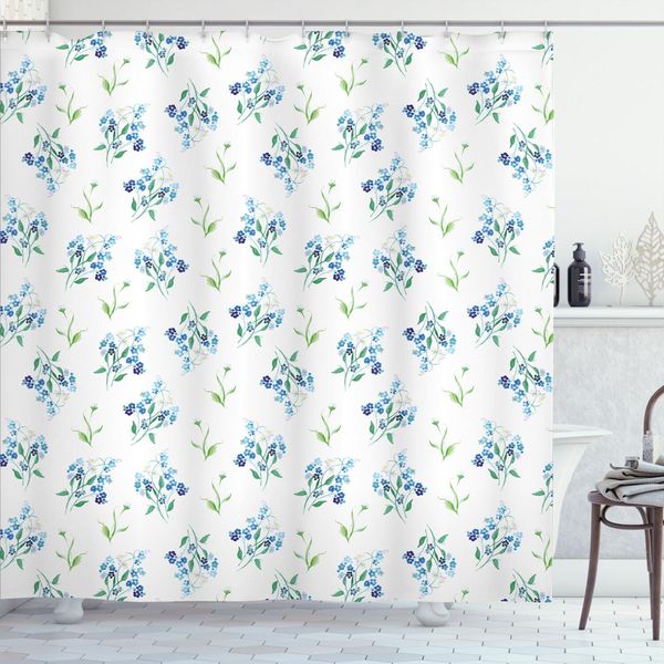 Abakuhaus Tenda Da Doccia Con Motivi Floreali, Rami Di Nontiscordardime, Foglie E Fiori Su Sfondo Neutro, 175 X 240 Cm, Azzurro Pallido Multicolore-image