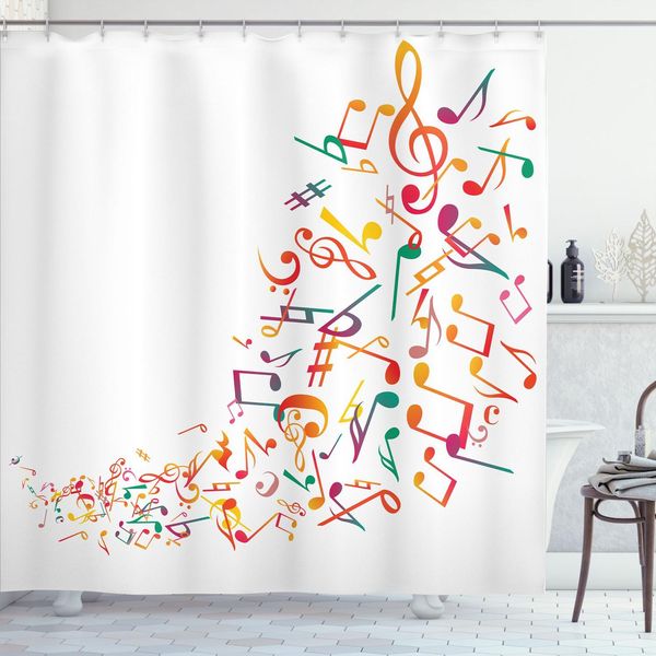 Abakuhaus Tenda Da Doccia Con Note Musicali, Illustrazione Di Random Fluss Waving Colorata Su Sfondo Semplice, 175 X 220 Cm, Multicolore-image