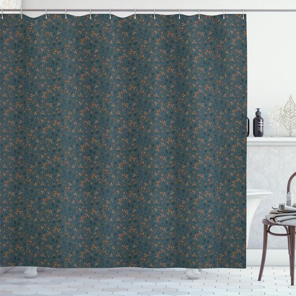 Abakuhaus Tenda Da Doccia Floreale, Dettagli Minimalisti Con Foglie Sparse Autunnali, Tema Botanico Stagionale, 175 X 200 Cm, Blu Scuro E Verde Zenzero-image