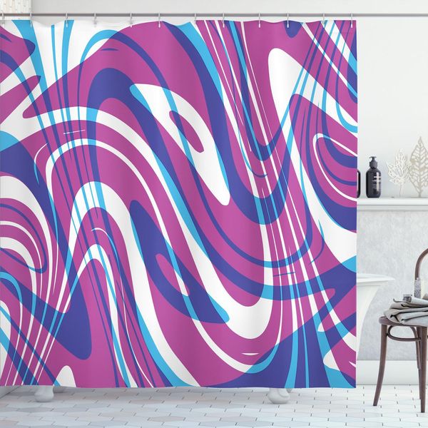 Abakuhaus Tenda Da Doccia Astratta, Motivi Ondulati Moderni Dell'arte Astratta, Stile Funky Anni '70, Motivo Illustrato, 175 X 180 Cm, Bianco Magenta Scuro-image