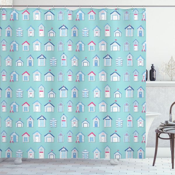 Abakuhaus Tenda Da Doccia Da Spiaggia, Mare Oceano Piccole Capanne Disegnate A Mano Su Sfondo Color Acquamarina, 175 X 180 Cm, Seafoam Multicolore-image