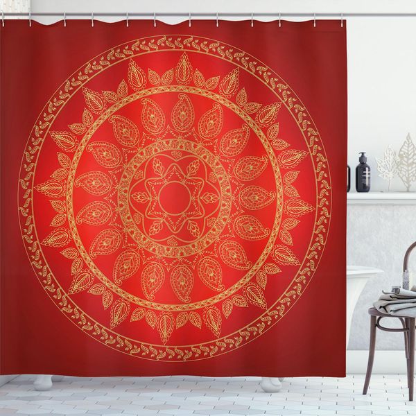 Abakuhaus Tenda Da Doccia Mandala, Motivi Ottomani Cornice Arabescata Design Etnico Petali Di Fiori, 175 X 180 Cm, Rosso Bordeaux Rosso Cinabro-image