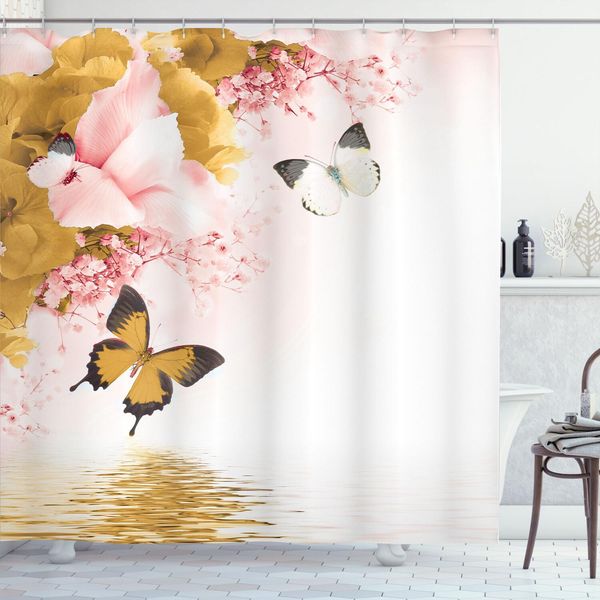 Abakuhaus Tenda Da Doccia Con Motivi Floreali, Tema Naturale Fiori Selvatici Farfalle Monarca Che Volano Giglio Sul Lago Terapia Termale, 175 X 180 Cm, Senape Rosa Cipria-image