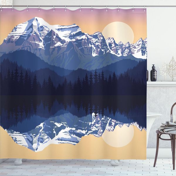 Abakuhaus Tenda Da Doccia Con Montagne, Colline E Alberi Silhouette Riflesse Sul Lago In Paesaggi Naturali Serali, 175 X 180 Cm, Multicolore-image