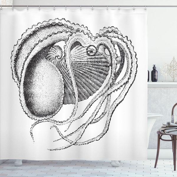 Abakuhaus Tenda Da Doccia Con Calamaro, Antica Incisione Di Un Animale Marino Con Lunghi Tentacoli Che Vive In Una Conchiglia, 175 X 180 Cm, Bianco Grigio Antracite-image