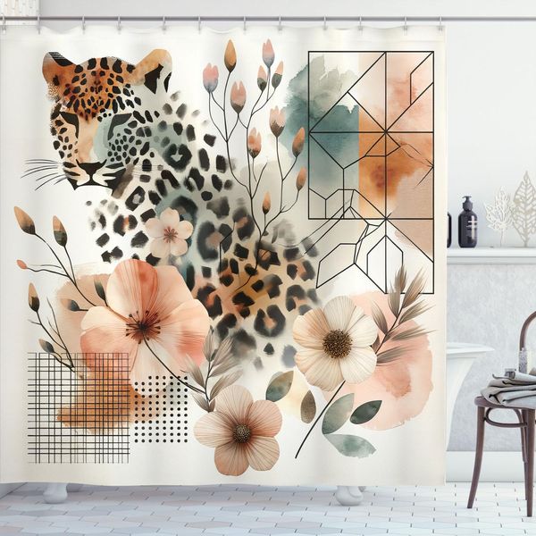 Abakuhaus Tenda Da Doccia Leopard, Stampa Acquerello Con Delicati Fiori Sbocciati E Gatto Della Giungla, 175 X 180 Cm, Pesca Zenzero Grigio Verde Acqua-image