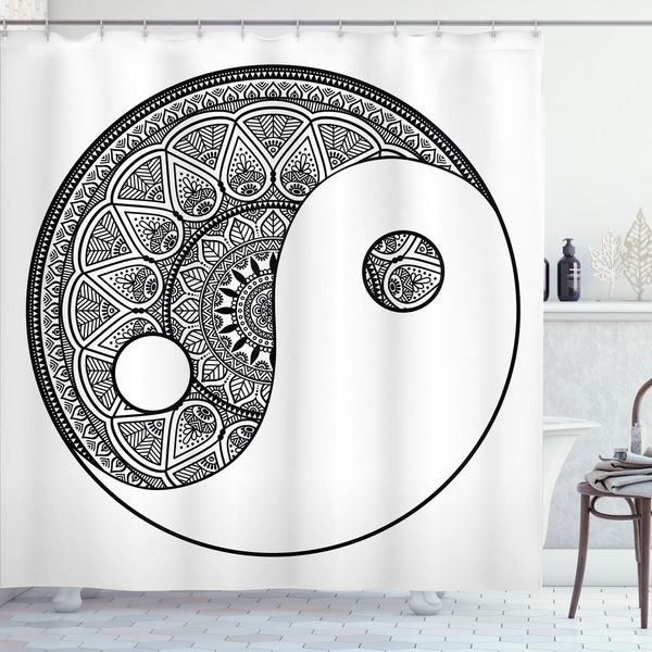 Tenda Da Doccia Abakuhaus Mandala, Stile Tradizionale Asiatico Con Simbolo Ying-Yang E Disegni Mandala Molto Dettagliati, 175 X 220 Cm, Bianco E Nero-image