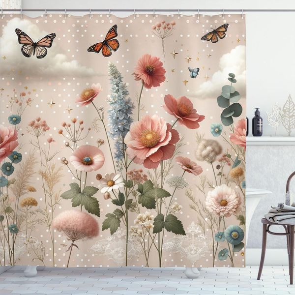 Abakuhaus Tenda Da Doccia Floreale Con Eucalipto, Giardino Fiorito Primaverile Con Petali E Farfalle, 175 X 180 Cm, Rosa Cipria, Taupe Caldo, Verde-image