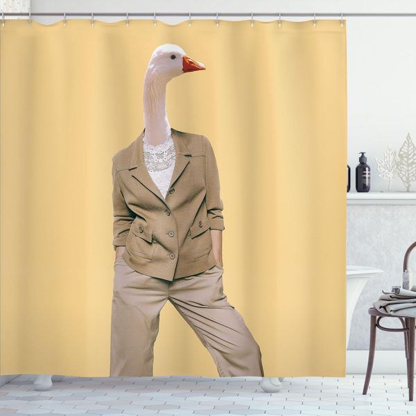 Abakuhaus Tenda Da Doccia Hipster, Donna Con Testa D'oca E Abiti Vintage, Grafica Surreale Manly, 175 X 200 Cm, Marrone Pastello E Seppia Chiaro-image
