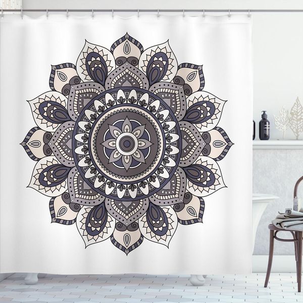 Abakuhaus Tenda Da Doccia Etnica, Mandala Orientale Fiori Vintage Boho Motivo Yoga Astratto Rotondo, 175 X 180 Cm, Viola Grigio Tortora-image